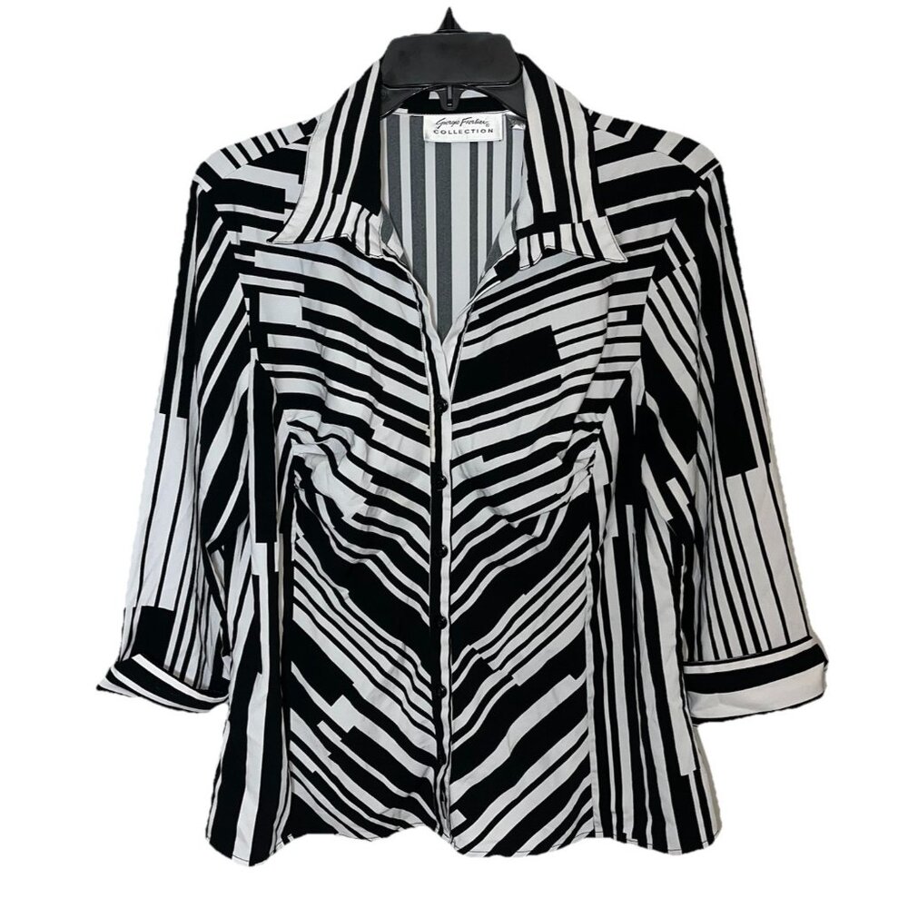 Giorgio Fiorlini Button Down Blouse Shirt 3/4 Sleeved Black White Pleated Sz L